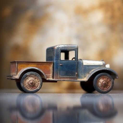 Toy silver tin farm truck, 8 inches, garage, double exposure, bokeh, orange, blue, cyanotype, --no people --style hJCMxbsrcmd1DPxI