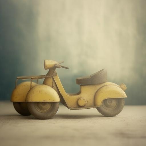 Toy yellow motorcycle w sidecar, close-up, bokeh, double exposure, rustic color, cyanotype, --no people --style hJCMxbsrcmd1DPxI