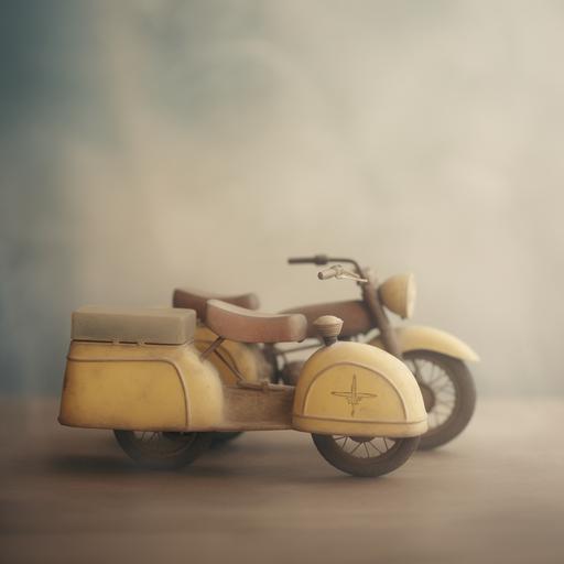 Toy yellow motorcycle w sidecar, close-up, bokeh, double exposure, rustic color, cyanotype, --no people --style hJCMxbsrcmd1DPxI