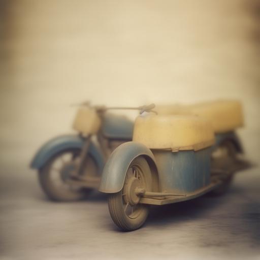 Toy yellow motorcycle w sidecar, motion blur, close-up, bokeh, double exposure, rustic color, cyanotype, --no people --style hJCMxbsrcmd1DPxI