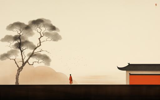 Tradition Chinese Ink Painting, Minimalist Song dynasty, mural by Alessandro Gottardo,Dream of Red Mansions,Heian period,Zen,dark orange ,dark blue and lightbeige style,enigmatic figures,elegant cityscape,historical painting,super fine detail,monumentalmural,Fine brushwork style,new Chinese style,aesthetic conception,Eastern aesthetics,landscape painting --ar 16:10