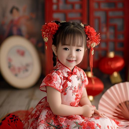 Traditional Style Photoshoot of a little girl, wear a red or pink cheongsam (Qipao) , embroidered with traditional Chinese patterns like plum blossoms or bamboo, paired with cute red flower shoes and hair accessories. Keep makeup natural and subtle, a touch of pink blush on the cheeks and a light pink lipstick. Chinese knots, red lanterns, fans, or origami that embody the rich taste of Chinese New Year. Some red firecracker decorations can be placed alongside to enhance the festive atmosphere. a Chinese-style garden or an indoor setting with traditional decorations, such as a backdrop with Chinese paintings or couplets. capturing the girl’s innocent and playful expressions from a low angle, hold a fan or make cute gestures. Utilize soft natural light or softbox lighting to keep the illumination even and highlight the girl's innocence and the warmth of the Spring Festival. Use a large aperture (e.g., f/2.8) to blur the background, ensure the girl's movements are captured clearly --v 6.0 --style raw