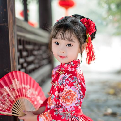 Traditional Style Photoshoot of a little girl, wear a red or pink cheongsam (Qipao) , embroidered with traditional Chinese patterns like plum blossoms or bamboo, paired with cute red flower shoes and hair accessories. Keep makeup natural and subtle, a touch of pink blush on the cheeks and a light pink lipstick. Chinese knots, red lanterns, fans, or origami that embody the rich taste of Chinese New Year. Some red firecracker decorations can be placed alongside to enhance the festive atmosphere. a Chinese-style garden or an indoor setting with traditional decorations, such as a backdrop with Chinese paintings or couplets. capturing the girl’s innocent and playful expressions from a low angle, hold a fan or make cute gestures. Utilize soft natural light or softbox lighting to keep the illumination even and highlight the girl's innocence and the warmth of the Spring Festival. Use a large aperture (e.g., f/2.8) to blur the background, ensure the girl's movements are captured clearly --v 6.0 --style raw