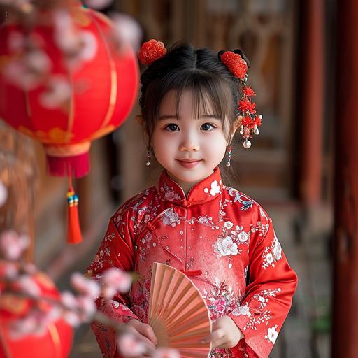 Traditional Style Photoshoot of a little girl, wear a red or pink cheongsam (Qipao) , in winter, embroidered with traditional Chinese patterns like plum blossoms or bamboo, paired with cute red flower shoes and hair accessories. Keep makeup natural and subtle, a touch of pink blush on the cheeks and a light pink lipstick. Chinese knots, red lanterns, fans, or origami that embody the rich taste of Chinese New Year. Some red firecracker decorations can be placed alongside to enhance the festive atmosphere. a Chinese-style garden or an indoor setting with traditional decorations, such as a backdrop with Chinese paintings or couplets. capturing the girl’s innocent and playful expressions from a low angle, hold a fan or make cute gestures. Utilize soft natural light or softbox lighting to keep the illumination even and highlight the girl's innocence and the warmth of the Spring Festival. Use a large aperture (e.g., f/2.8) to blur the background, ensure the girl's movements are captured clearly --v 6.0 --style raw