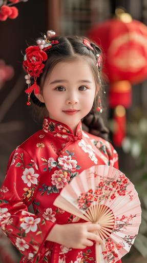 Traditional Style Photoshoot of a little girl, wear a red or pink cheongsam (Qipao) , in winter, embroidered with traditional Chinese patterns like plum blossoms or bamboo, paired with cute red flower shoes and hair accessories. Keep makeup natural and subtle, a touch of pink blush on the cheeks and a light pink lipstick. Chinese knots, red lanterns, fans, or origami that embody the rich taste of Chinese New Year. Some red firecracker decorations can be placed alongside to enhance the festive atmosphere. a Chinese-style garden or an indoor setting with traditional decorations, such as a backdrop with Chinese paintings or couplets. capturing the girl’s innocent and playful expressions from a low angle, hold a fan or make cute gestures. Utilize soft natural light or softbox lighting to keep the illumination even and highlight the girl's innocence and the warmth of the Spring Festival. Use a large aperture (e.g., f/2.8) to blur the background, ensure the girl's movements are captured clearly --ar 9:16 --v 6.0 --style raw