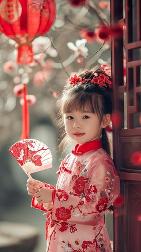 Traditional Style Photoshoot of a little girl, wear a red or pink cheongsam (Qipao) , in winter, embroidered with traditional Chinese patterns like plum blossoms or bamboo, paired with cute red flower shoes and hair accessories. Keep makeup natural and subtle, a touch of pink blush on the cheeks and a light pink lipstick. Chinese knots, red lanterns, fans, or origami that embody the rich taste of Chinese New Year. Some red firecracker decorations can be placed alongside to enhance the festive atmosphere. a Chinese-style garden or an indoor setting with traditional decorations, such as a backdrop with Chinese paintings or couplets. capturing the girl’s innocent and playful expressions from a low angle, hold a fan or make cute gestures. Utilize soft natural light or softbox lighting to keep the illumination even and highlight the girl's innocence and the warmth of the Spring Festival. Use a large aperture (e.g., f/2.8) to blur the background, ensure the girl's movements are captured clearly --ar 9:16 --v 6.0 --style raw