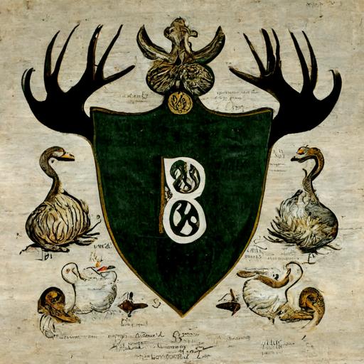 Traditional drawn Family coat of arms with monogram B surrounded by swans, deer antlers, green oak leaves, wrench