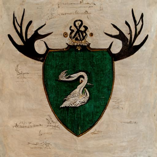Traditional drawn Family coat of arms with monogram B surrounded by swans, deer antlers, green oak leaves, wrench