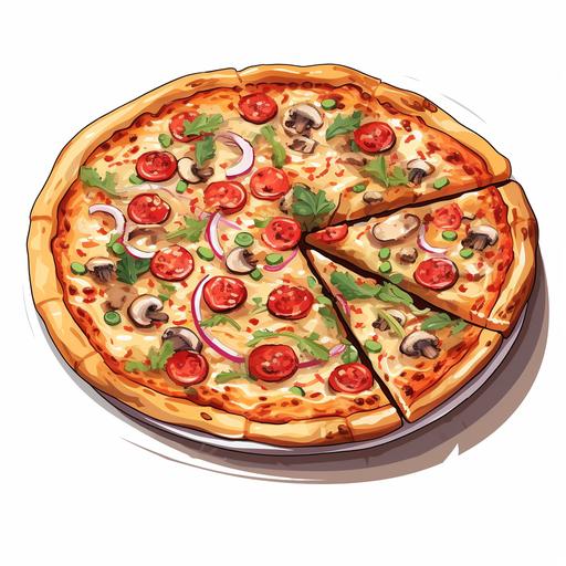 Traditional supreme pizza,whitebackgrund,cartoon style