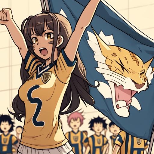 Sayu from Hige Wo Soru dressing Pumas UNAM jersey, cheering on the team at Olimpic Universitary Stadium while she waving a flag with Pumas shield, anime style