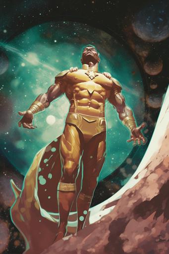 Trans-Neptunian superhero who fights for Pluto to be a Planet in the style of Golden Age Comics::35 A Trans-Neptunian superhero, donned in a spacesuit glowing with cosmic energy, poses majestically against the starscape, a small image of Pluto floating just over their shoulder.::30 Evoking the aesthetics of Golden Age Comics, the illustration carries an air of timeless heroism, with exaggerated muscularity, the cape billowing in the cosmic wind, and radiant beams of light framing the hero.::25 The superhero's emblem, a stylized depiction of Pluto, shines brightly on their chest, making their stance clear in the planetary debate.::20 Lines of force radiate from their determined gaze, their fists clenched in resolve, a depiction reminiscent of classic comic book covers.::15 The backdrop of the infinite cosmos sparkles with distant stars and galaxies, further emphasizing the grand scope of their mission.::10 --ar 2:3