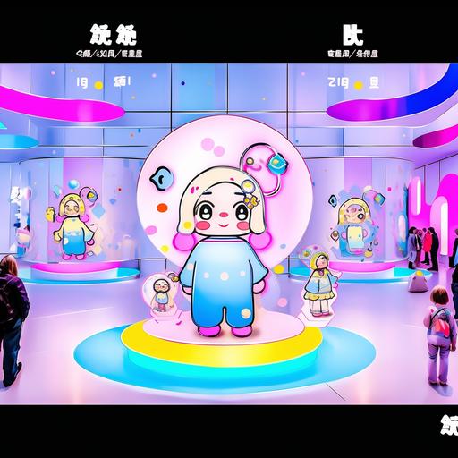 Transform the cartoon characters in the image into Bubble Mart style characters with a background in the Science and Technology Museum --niji 5