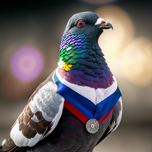 Transform this photo of a homing pigeon into a Belgian racing champion. Add a first-place medal or trophy around its neck, and perhaps a rosette or sash with the Belgian flag colors. Enhance the feathers and wings to make the pigeon look more impressive and powerful. Use filters or effects to make it seem as if the pigeon is flying against the wind, creating an intense and dramatic scene. Ensure that the background is also representative of the Belgian landscape, perhaps by adding famous landmarks or symbols such as the Atomium or Manneken Pis. Make the pigeon look like a champion ready to conquer any challenge and fly its way to victory.