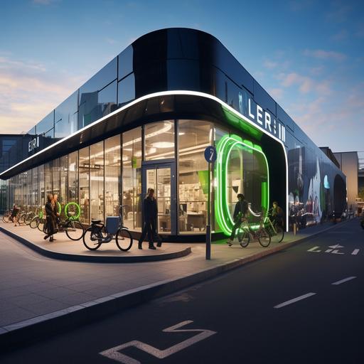 Transformez cette image de magasin en une vision futuriste intégrant des solutions de mobilité douce. Créez une scène réaliste où le magasin est entouré de pistes cyclables modernes, de voies pour trottinettes électriques et de stations de partage de vélos en libre-service. Assurez-vous que la transformation reflète fidèlement les détails de l'image originale tout en intégrant harmonieusement ces éléments futuristes pour un résultat saisissant et convaincant