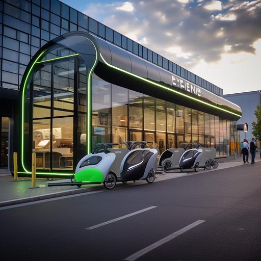 Transformez cette image de magasin en une vision futuriste intégrant des solutions de mobilité douce. Créez une scène réaliste où le magasin est entouré de pistes cyclables modernes, de voies pour trottinettes électriques et de stations de partage de vélos en libre-service. Assurez-vous que la transformation reflète fidèlement les détails de l'image originale tout en intégrant harmonieusement ces éléments futuristes pour un résultat saisissant et convaincant. Le nom de l’enseigner doit-être Leroy Merlin