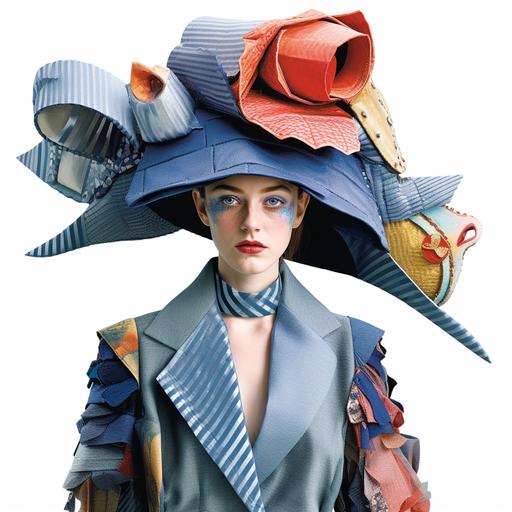 Translate scaparelli's iconic pieces (shoe hat, lobster dress, tear dress, earring in form of an ear) into Nigel Xavier's patchwork style including some denim.