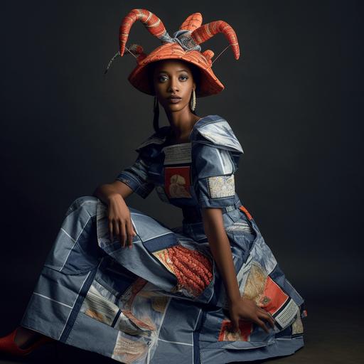 Translate scaparelli's iconic pieces (shoe hat, lobster dress, tear dress, earring in form of an ear) into Nigel Xavier's patchwork style including some denim.