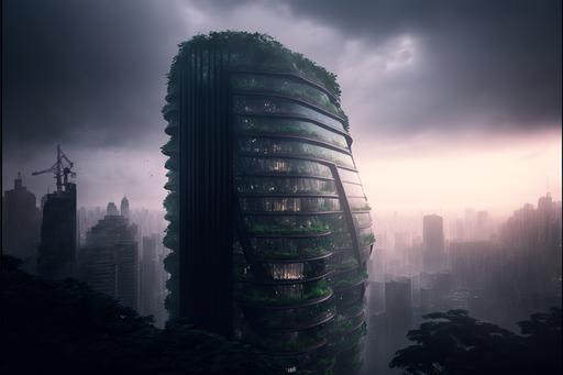 Translucent glass hotel tower designed by Thomas Heatherwick and Enki Bilial, balconies covered in ferns, fog, twilight, aerial photograph with a backdrop of downtown singapore --ar 3:2 --seed 500 --s 500