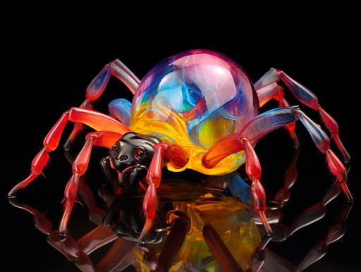 Translucent latrodectus with vibrant saturated rainbow striped inner glow, cloisonnism, alcohol ink on black parchment, bold outlines, ambient occlusion, candied/glazed/jellied, living-edible, rounded and delicious, juicy-fatty, with thick shapely humanoid legs and human feet :: skinny legs, spindly arachnid legs, sharp legs ::-0.25 --ar 4:3