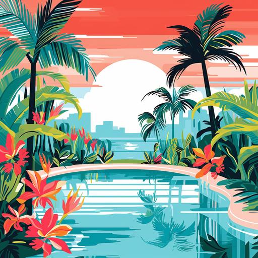 Transport viewers to a tropical oasis with a minimalist line art that brims with vibrant colors. Imagine a serene scene with lush palm trees, a tranquil pool, and vivid flowers. Use bold lines to create the palm fronds and geometric shapes to represent the pool and flowers. Vibrant greens, blues, and splashes of tropical colors make this artwork inviting and lively, giving your entrance a warm and inviting vibe