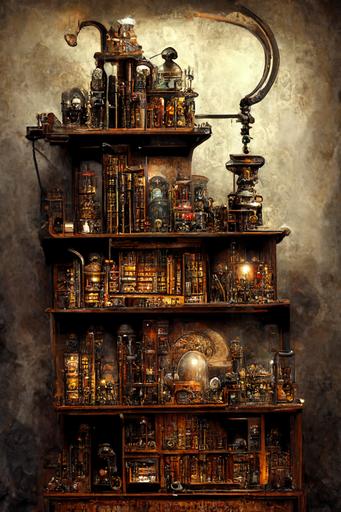 steampunk arcane library, dusty, archaic, antique, pipes, tall shelves --ar 2:3 --q 2