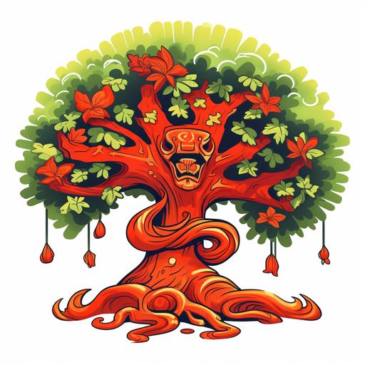 Tree character, 2-d, variation on Royal Poinciana tree, character based on First Insurance Company of Hawaii logo, Old native Hawaiian male, Old, knowledgeable, strong, comic-style drawing, animated, trusted, friendly, kind, logo