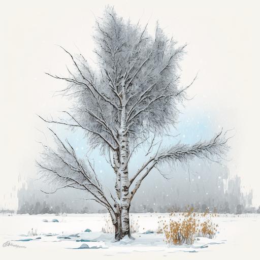 Tree in winter, white birch tree, snowing . Picasso style