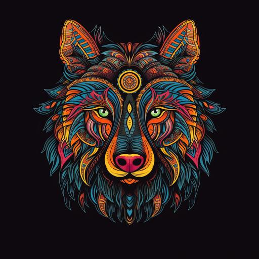 [Tribal Wolf] Graphic Illustration, [Tribal Wolf] inspired mandala on black background Illustration, Electric Mandala Vector Graphic, a stunningly intricate mandala featuring [Tribal Wolf] at its center, radiating energy in every direction. The bold lines and vibrant colors of this illustration evoke a sense of dynamism and motion, as if the [Tribal Wolf] is pulsing with life. The intricate patterns and shapes that surround [Tribal Wolf] are reminiscent of circuit boards or other electronic components, a nod to the technological nature of this symbol. As one gazes upon this illustration, it's hard not to feel a sense of awe and reverence for the power and beauty of [Tribal Wolf]. Whether you're a fan of technology, spirituality, or simply appreciate stunning artwork, this mandala is sure to captivate and inspire --v 5