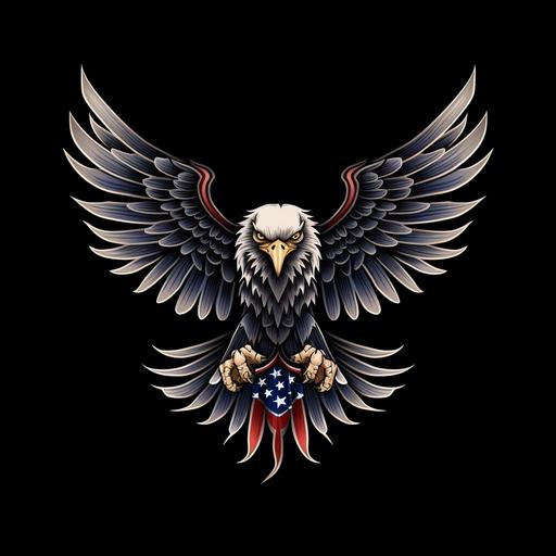 Tribal black tattoo, Soaring Eagle tattoo design, wings spread, American flag background, no blur and clear image, high quality, 8K --v 5.1 --style raw