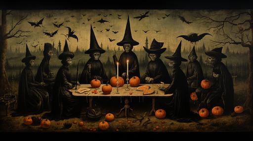 *Trick or Treat* Salem Witch Trials, painted on black velvet. --ar 16:9 --s 250