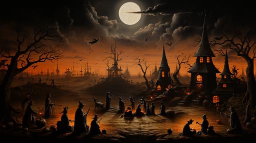 *Trick or Treat* Salem Witch Trials, painted on black velvet. --ar 16:9 --s 950