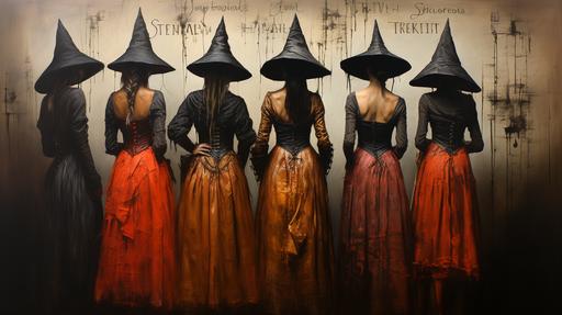 *Trick or Treat* Salem Witch Trials, painted on black velvet. --ar 16:9 --s 950