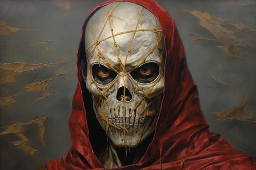 Triskaidekaphobia, a painting of a scary looking person in a mask, in the style of pulled, scraped, and scratched, gray and amber, militaristic realism, skeletal, dark gold and crimson, lifelike figures, ghostcore, David Nordahl --ar 3:2