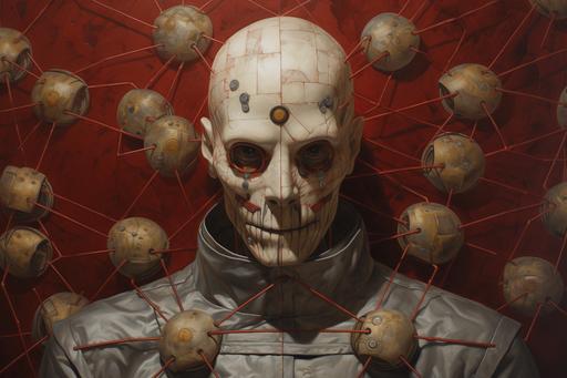Triskaidekaphobia, a painting of a scary looking person in a mask, in the style of pulled, scraped, and scratched, gray and amber, militaristic realism, skeletal, dark gold and crimson, lifelike figures, ghostcore, David Nordahl --ar 3:2