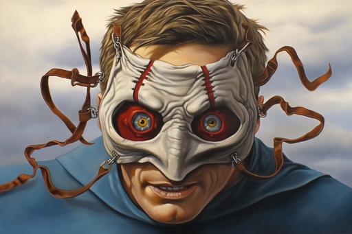 Triskaidekaphobia, a painting of a scary looking person in a mask, in the style of pulled, scraped, and scratched, gray and amber, militaristic realism, skeletal, dark gold and crimson, lifelike figures, ghostcore, David Nordahl --ar 3:2 --w 250