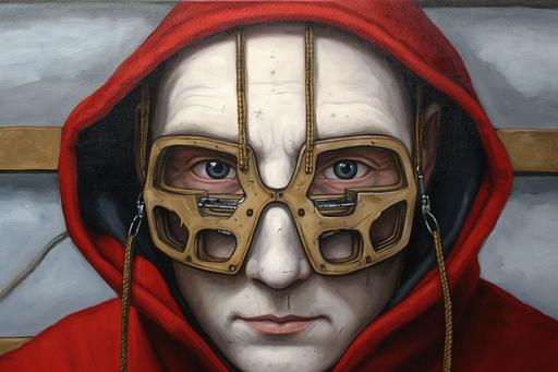 Triskaidekaphobia, a painting of a scary looking person in a mask, in the style of pulled, scraped, and scratched, gray and amber, militaristic realism, skeletal, dark gold and crimson, lifelike figures, ghostcore, David Nordahl --ar 3:2 --w 250