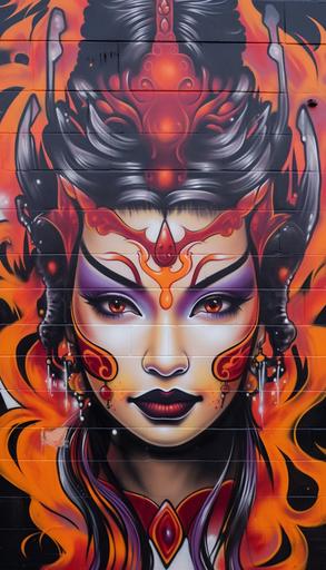 Trompe-l'oeil, graffiti in a street mural of a geisha head, in tribal flames, runecore tribal tattoo style, colorful, viking, runecore --no splash --ar 4:7 --v 5.2