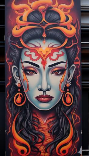 Trompe-l'oeil, graffiti in a street mural of a geisha head, in tribal flames, runecore tribal tattoo style, colorful, viking, runecore --no splash --ar 4:7 --v 5.2