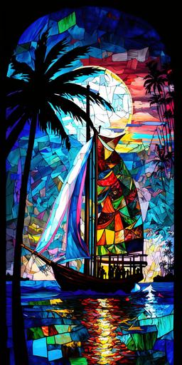 Tropical Island in the style of van Gogh, night, Stained glass, wallpaper, Romero Britto, Vik Muniz, Eduardo Kobra --ar 1:2 --chaos 50