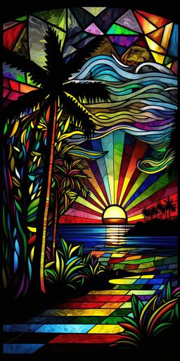 Tropical Island in the style of van Gogh, night, Stained glass, wallpaper, Romero Britto, Vik Muniz, Eduardo Kobra --ar 1:2 --chaos 50