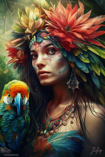 Tropicalpunk indigenous queen the jungle , by Callie Fink and Mary Katrantzou, with her macaw, photorealistic, jungle background, tropical flowers, fiery eyes, ultra photoreal, dinamic pose, detailed hair texture, ultra photoreal, photography with, Natural Lighting, Beautiful Lighting, accent lighting, Post Processing, insanely detailed and intricate, watercolored pencil --v 5 --q 2 --ar 2:3 --s 800