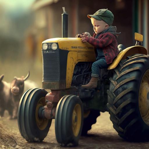 funny tractor plays with children, realism, 4k