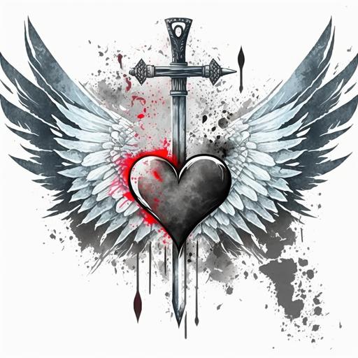 heart with angel wings pierced by an sword portrait, vector image carbon fiber, smeared ink drawing, dirty, color brushes, 8k, Charcoal Art, Ink, Painting, Fine Art, Dripping Paint, Splatter Paint, portrait rpg avatar, white background, 8k --v 4