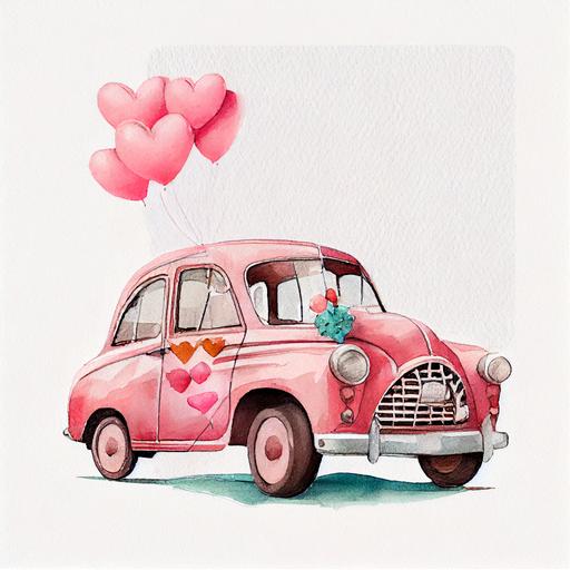 watercolor toy pink vintage car with hearts and flowers, valentine's day stile, on white background, high-definition drawing, detailed drawing, high contrast, the right proportions, 8k, --v 4 --q 2 --upbeta