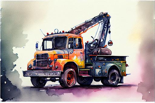 watercolor toy tow truck, high-definition drawing, detailed drawing, high contrast, the right proportions, watercolor paper fone, 8k, --ar 3:2 --v 4 --upbeta