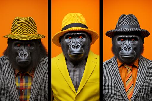Tryptich, portraits of old gorillas wearing funny 🦀 hats, bicolor, photography by Paul Laffoley with a Hasselblad 907X, agfa apx 400, :wundervoll-ai:0, --ar 3:2