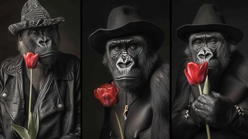 Tryptich, portraits of old gorillas wearing funny hats and holding a red tulip, bicolor, photography by Paul Laffoley with a Hasselblad 907X, agfa apx 400, :wundervoll-ai:0, --ar 16:9 --v 6.0