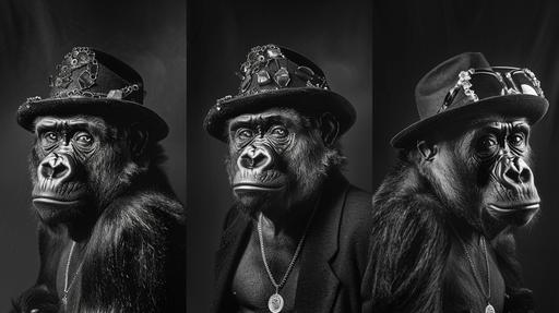 Tryptich, portraits of three old gorillas wearing funny hats and neckless with souvenirs from the giant crystal cave, photography by Jim Lee with a Hasselblad 907X, agfa apx 400, :wundervoll-ai:0, --ar 16:9 --v 6.0