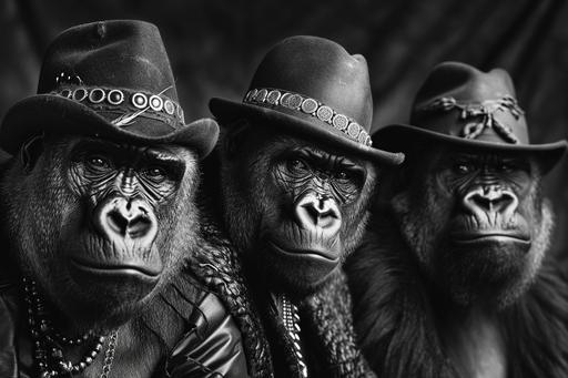 Tryptich, portraits of three old gorillas wearing funny hats, monochrome, photography by Paolo Roversi with a Hasselblad 907X, agfa apx 400, :wundervoll-ai:0, --ar 3:2 --v 6.0