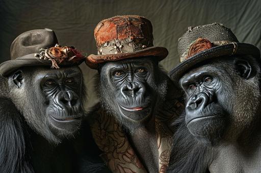 Tryptich, portraits of three old smiling gorillas wearing funny hats, photography by Jim Lee with a Hasselblad 907X, agfa apx 400, :wundervoll-ai:0, --ar 3:2 --v 6.0